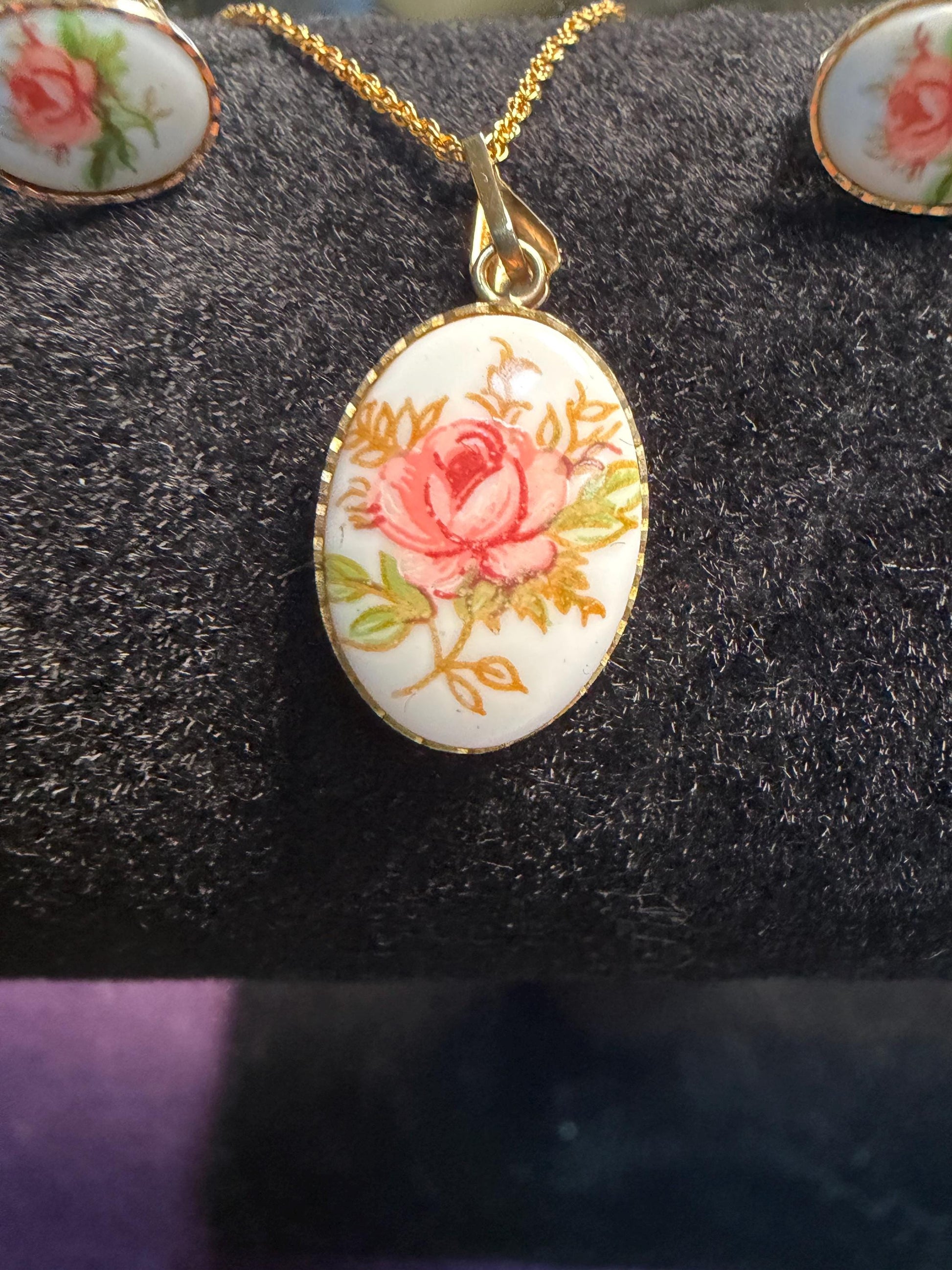 Floral necklace and earring set - (hand painted on porcelain) 18 ‘inch chain - pierced earrings