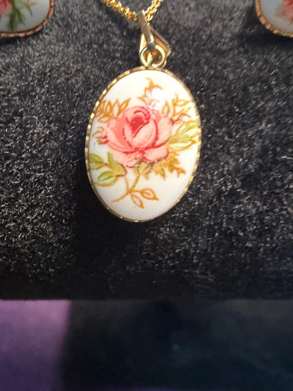 Floral necklace and earring set - (hand painted on porcelain) 18 ‘inch chain - pierced earrings