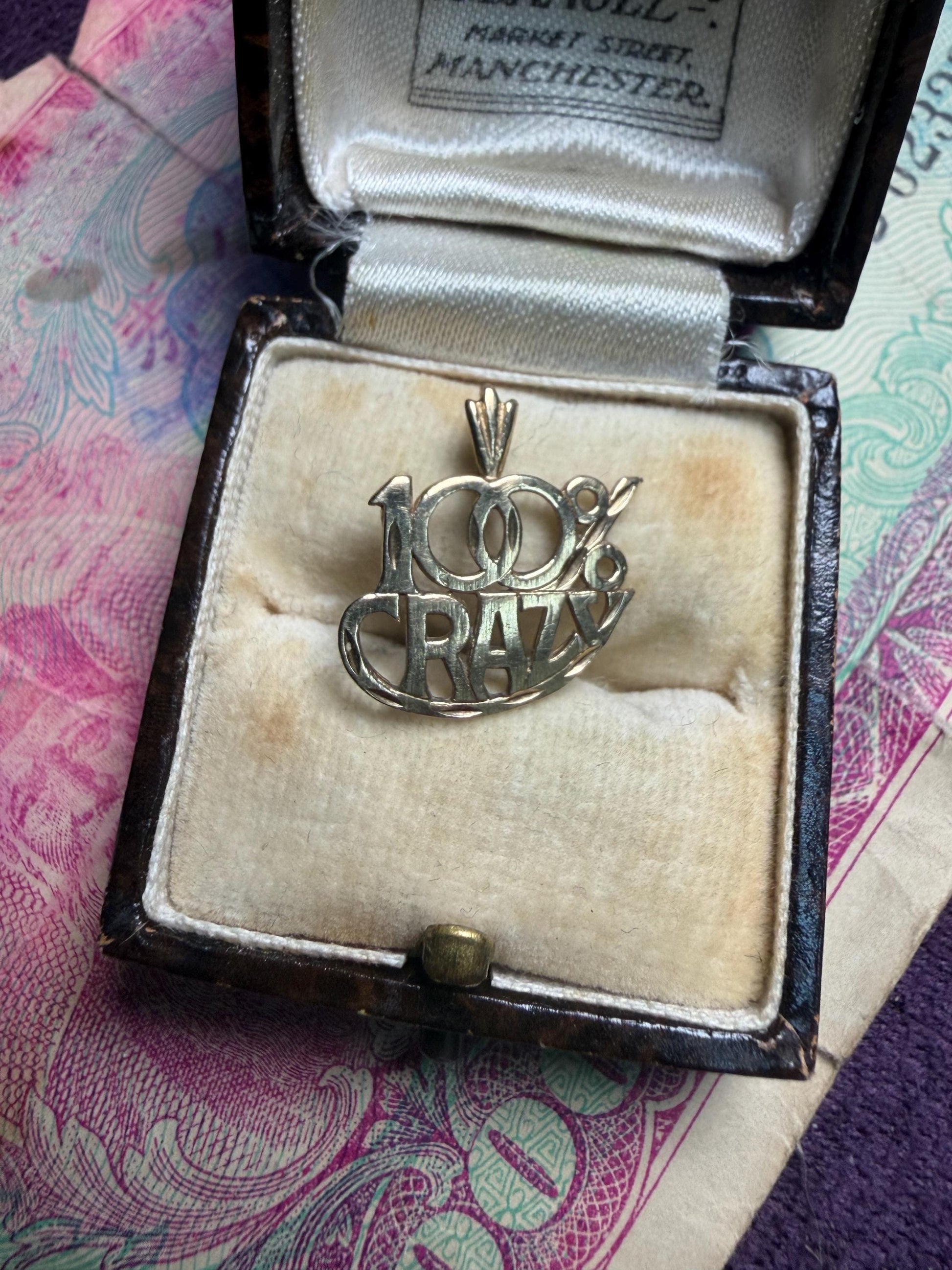 100 % crazy - 9ct solid gold pendant - fun charm