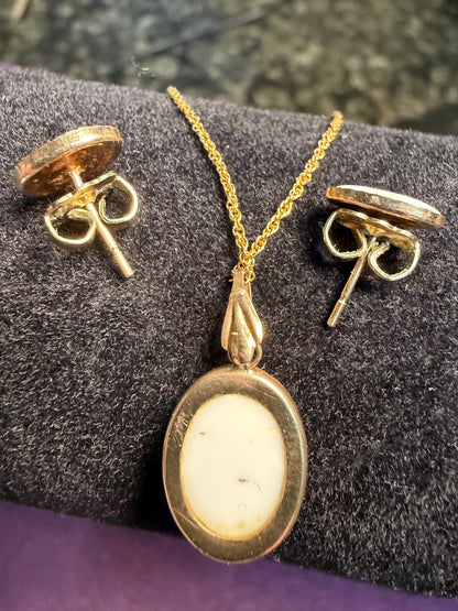 Floral necklace and earring set - (hand painted on porcelain) 18 ‘inch chain - pierced earrings