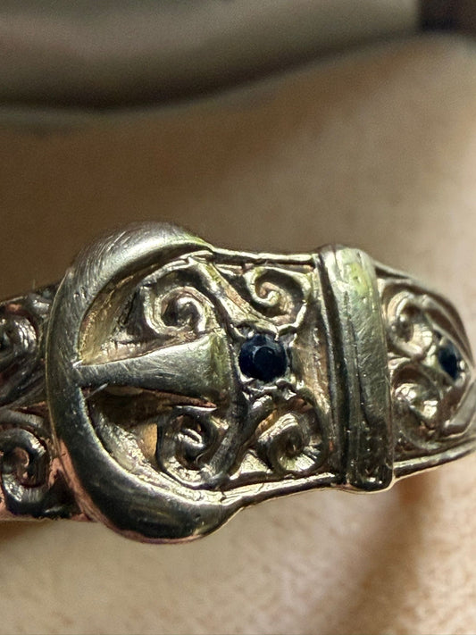 Vintage 9ct Gold Ornate Buckle Ring with Blue Stones | 1980s-1990s